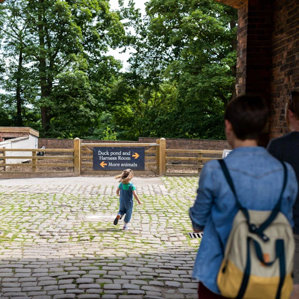 A girl runs ahead of her parents down a cobbled street to the Temple Newsam Home Farm