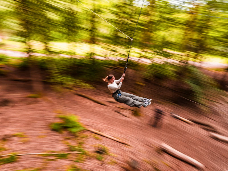 Woman on Tarzan Swing at Black Park A woman rides a Tarzan Swing through the forest