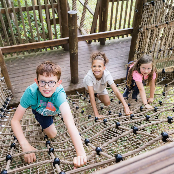 Children climb a cargo net on a wooden play area