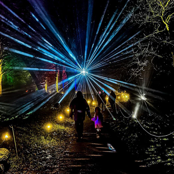A family wander through the Luminate expereince at Coombe Abbey surrounded by dazzling lights