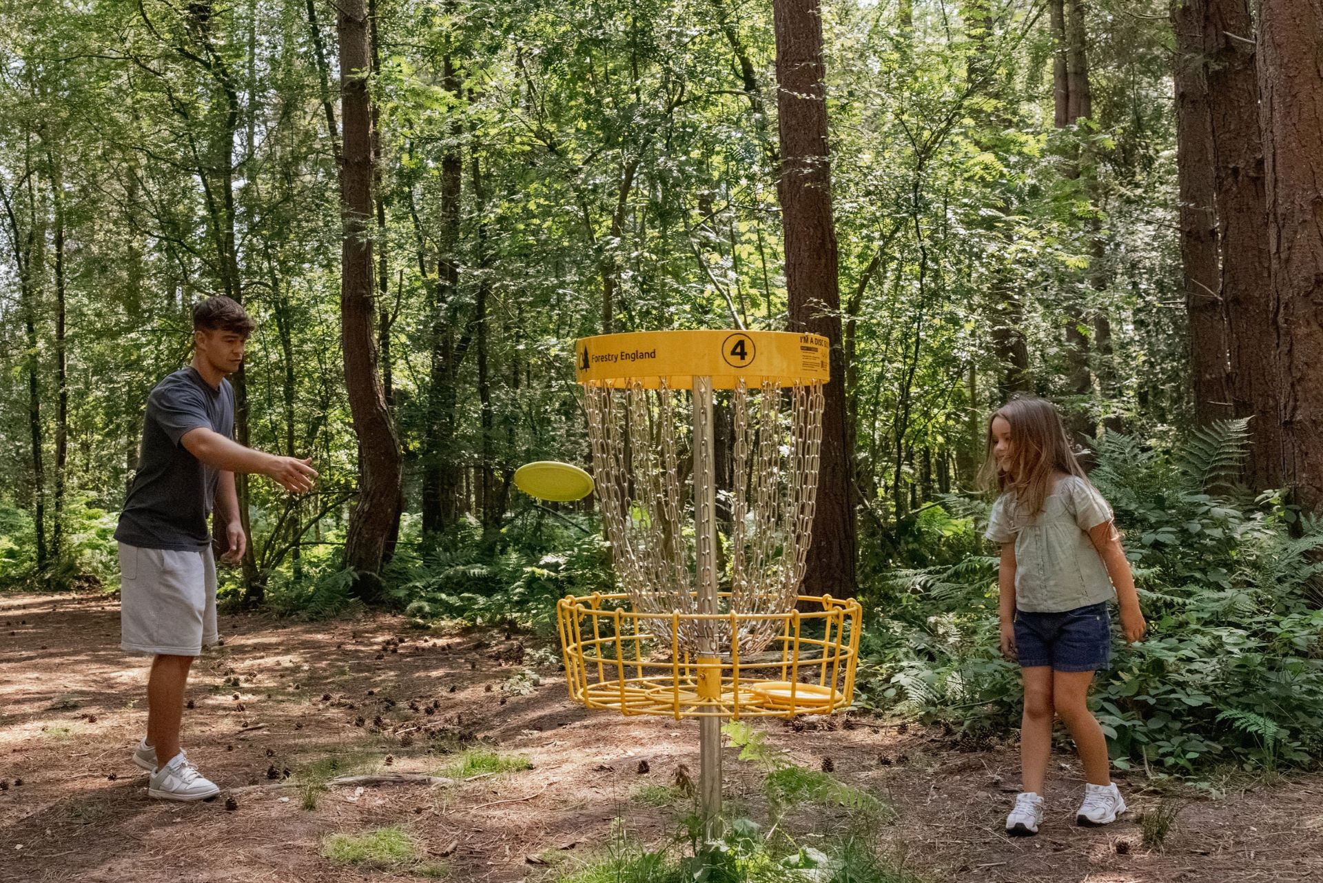A family play disc golf in the forest