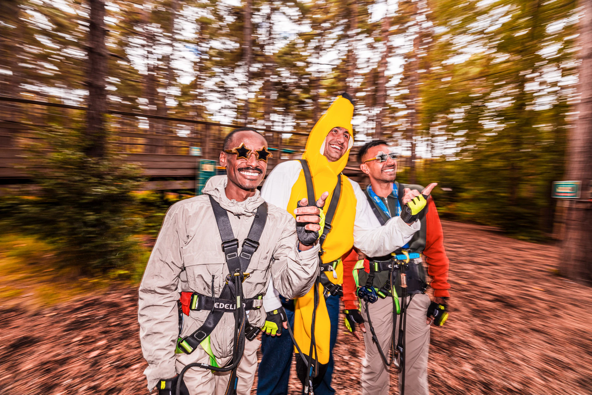 A group of guy prepare for a stag party at Go Ape with the stag wearing a banana suit