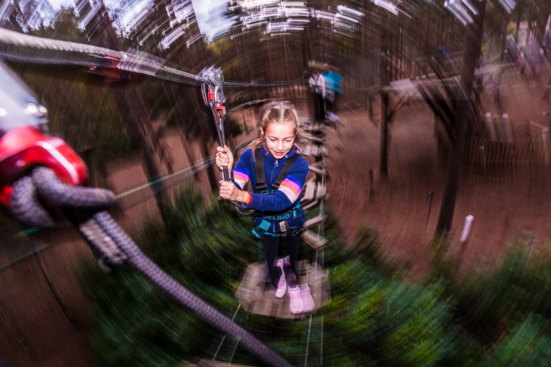 A girl balances on a Go Ape high ropes crossing on a fun day out