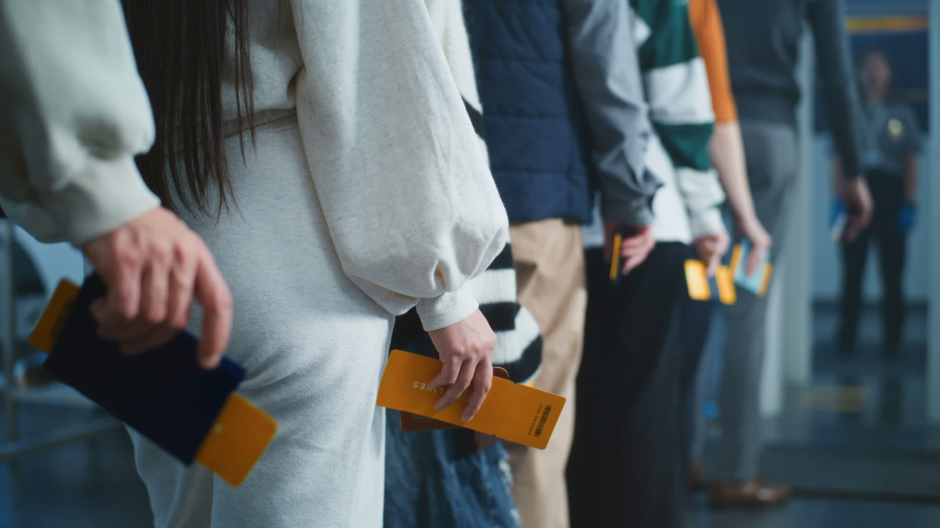 Plan rapproché des voyageurs ayant en main leurs cartes d'embarquement