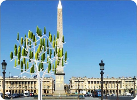 artist's impression of tree shaped wind turbine in front of Parisian buildings