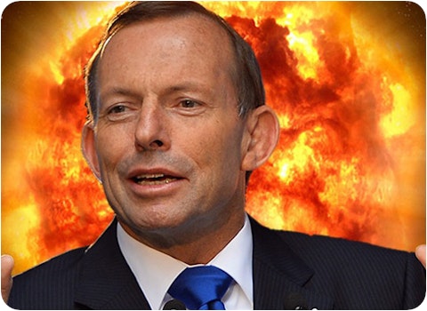 tony abbott with world exploding behind him against galaxy background