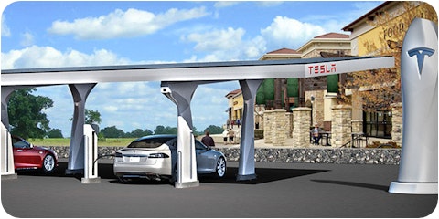 artist's rendition of tesla recharge station with 2 electric cars charging
