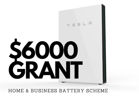 home and business battery grant overlaid on tesla powerwall