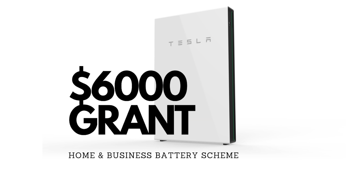 home and business battery grant overlaid on tesla powerwall