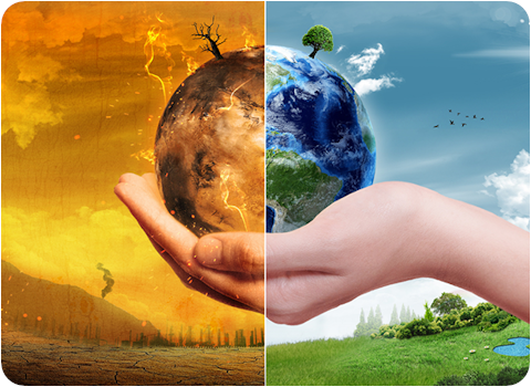 climate change illustration hand holding half burning planet half healthy planet