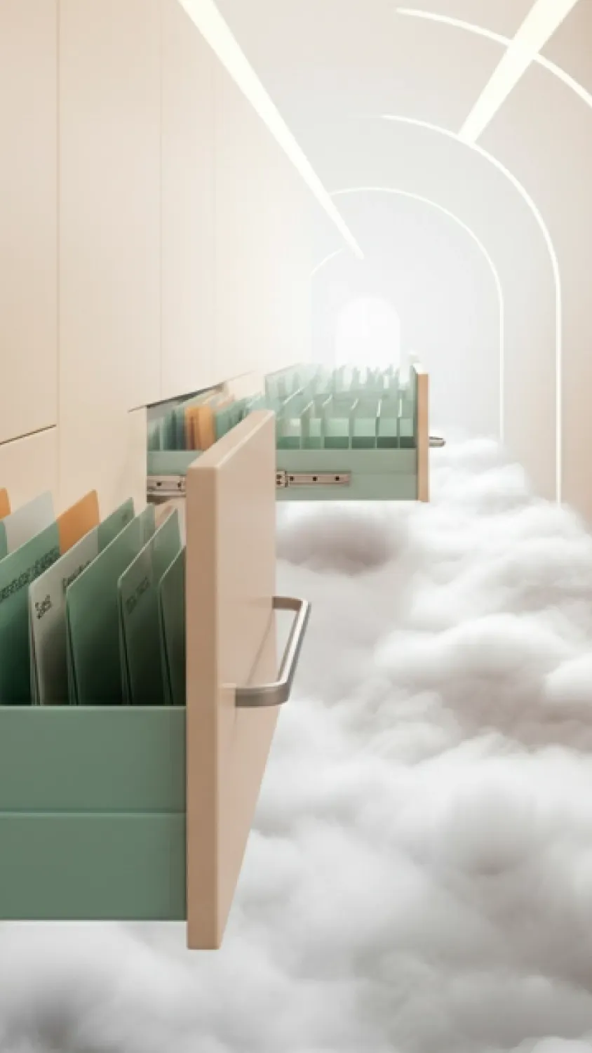 An AI generated image of a filing cabinet in the clouds.