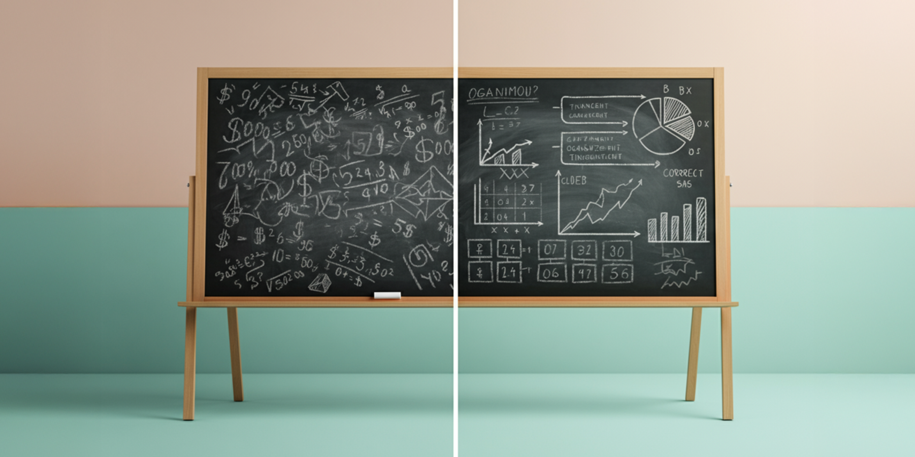 An AI image showing a chalk board of chaos turned into structure.