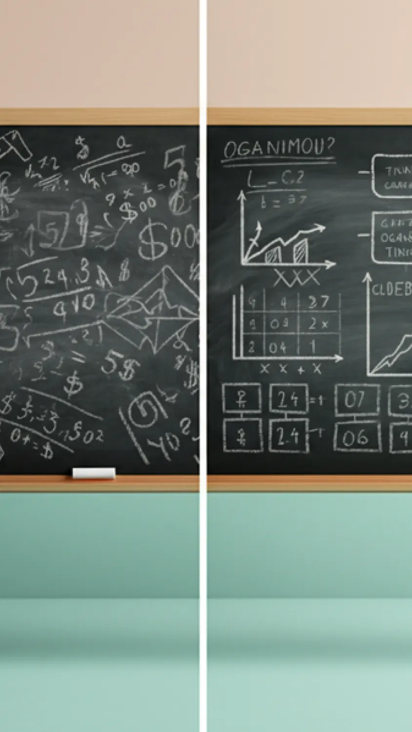 An AI image showing a chalk board of chaos turned into structure.