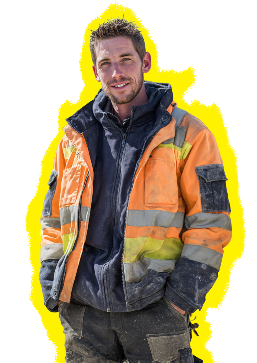 Zelfstandige bouwprofessional in werkkleding kijkt in de camera op een bouwterrein