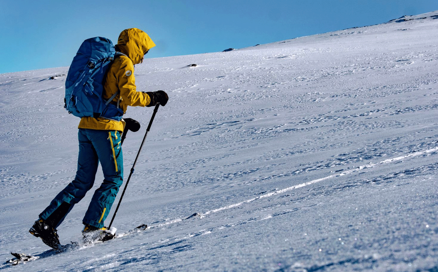 Mann im gelben Anorak und mit Wanderstöcken geht einen beschneiten Berg hoch
