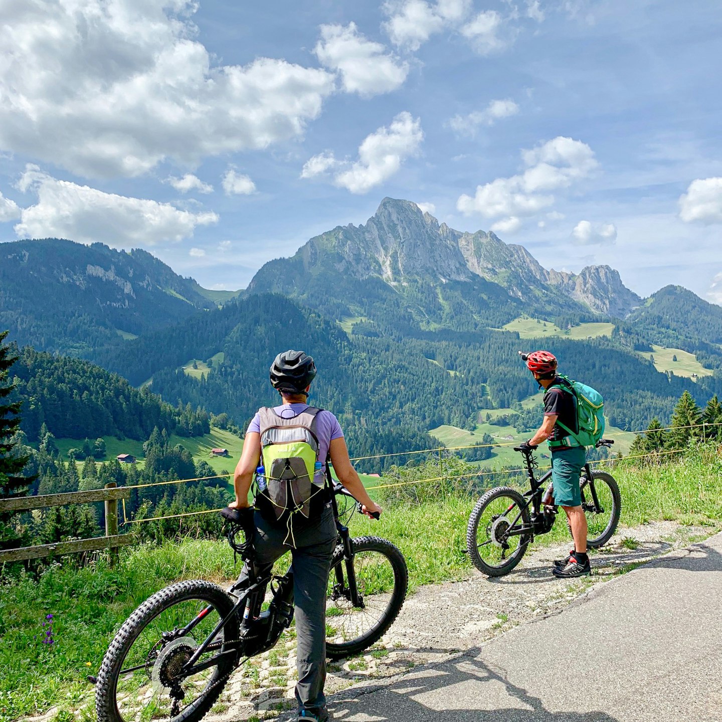 Cycle tour in the Saanenland Two people on a bike look at the mountain landscape