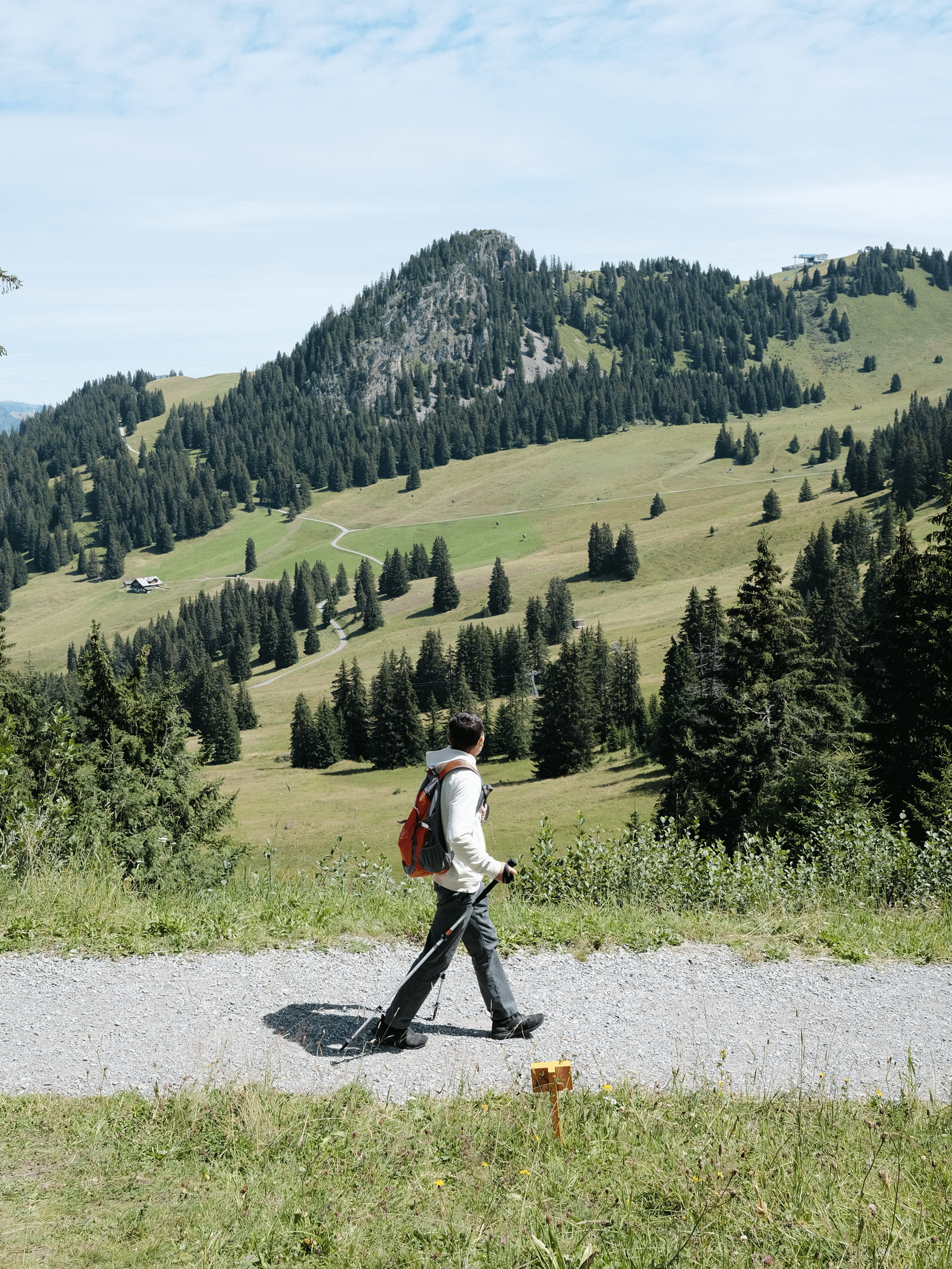 Hiking in the Saanenland A person with hiking poles walks on a gravel path against a mountain backdrop