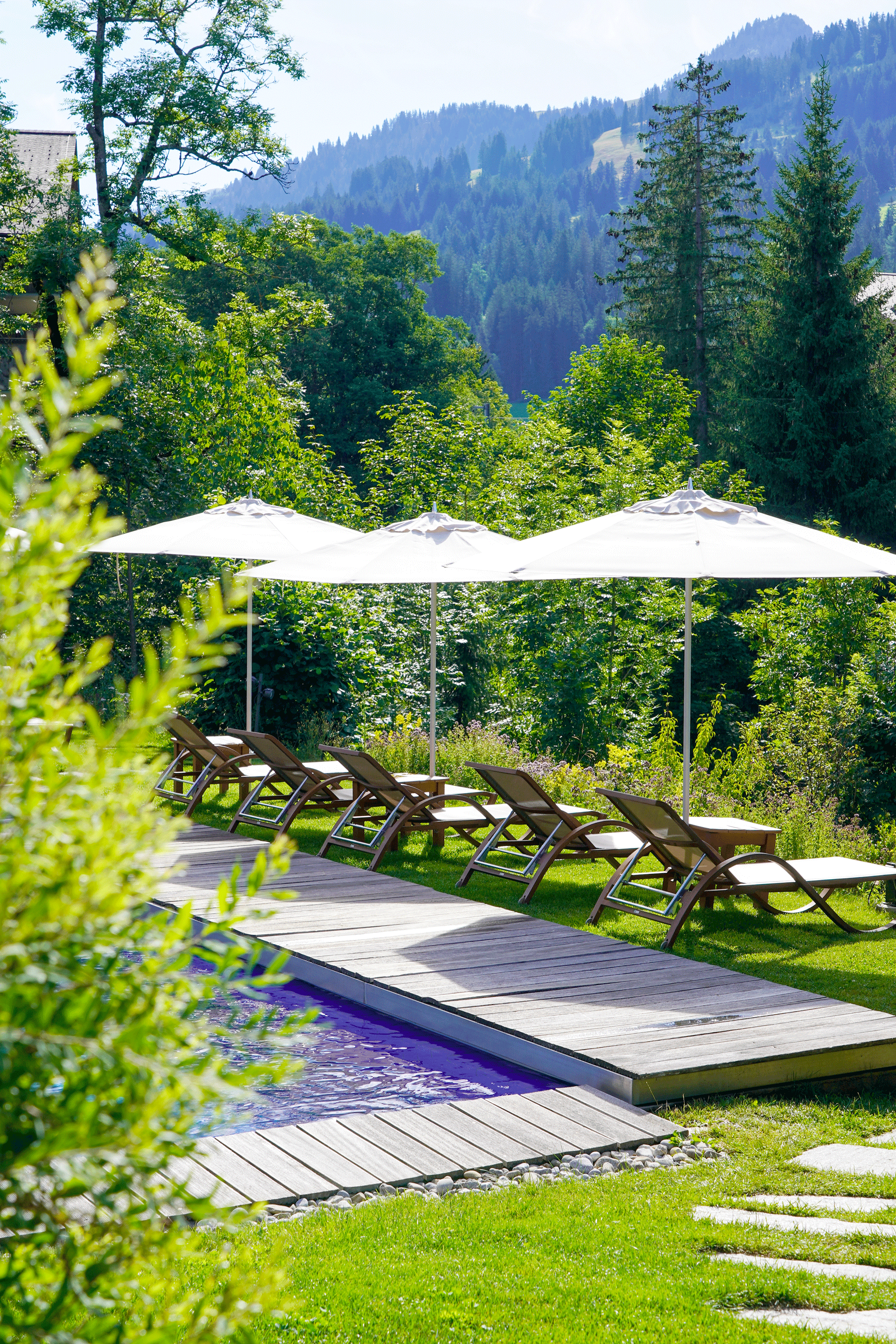 Chaises longues et parasols à côté d'une piscine