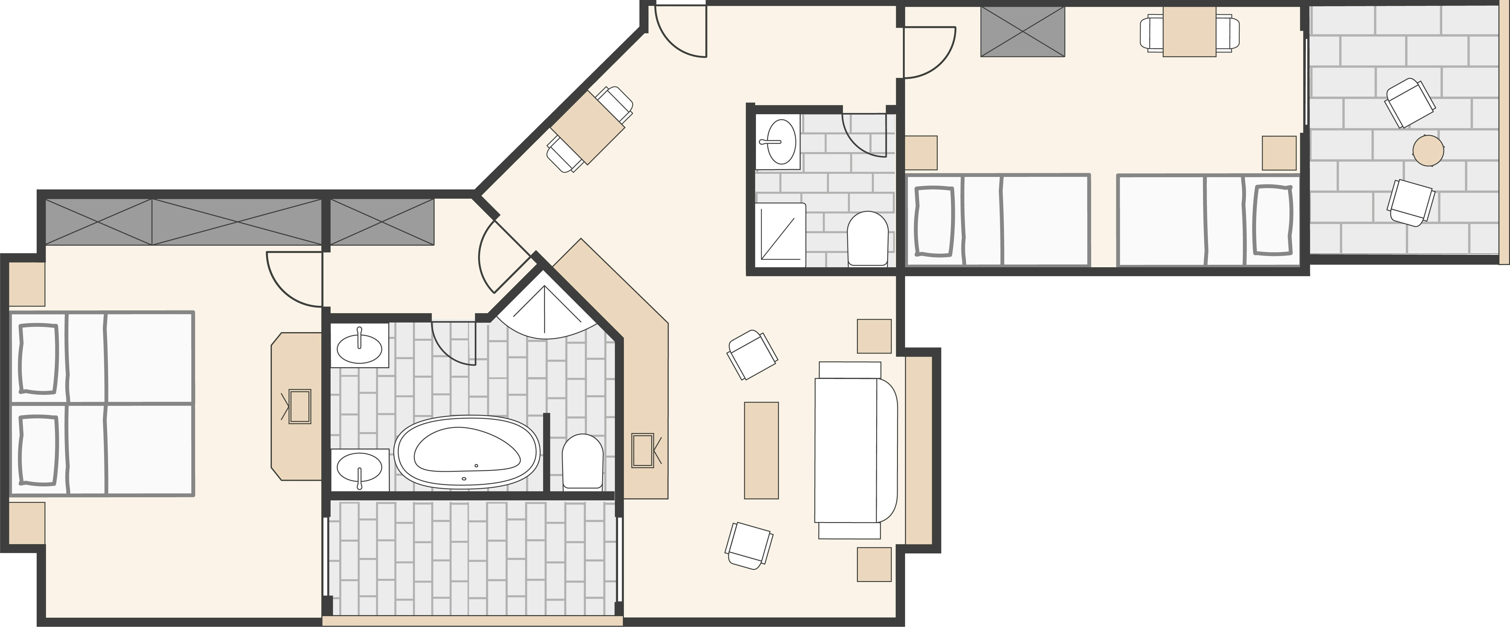 Chambre à coucher, salle de bain et balcon, salon, WC, chambre d'enfants, balcon