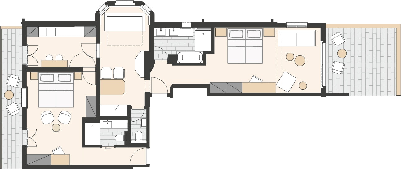 Schlafzimmer und Küche mit Balkon, Wohnzimmer, zwei WCs, Badezimmer, Schlaf-/Wohnzimmer mit Balkon