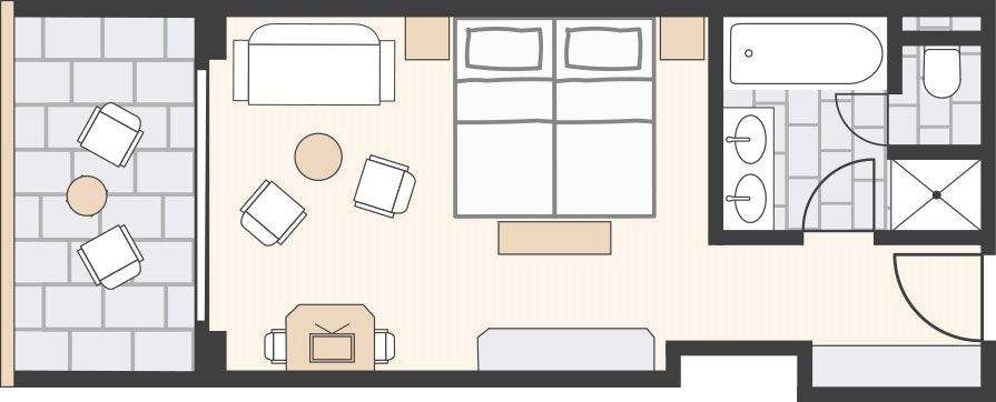 Schlafzimmer mit Sitzecke, Badezimmer mit Wanne und Dusche, Balkon