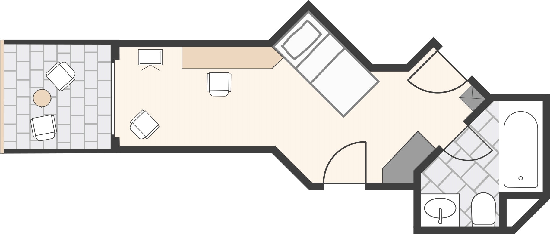 Grundriss Horn Einzelzimmer Schlaf-/Wohnzimmer mit Balkon, Badezimmer mit Wanne