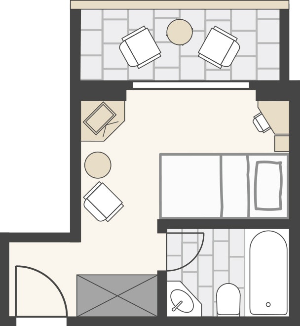 Grundriss Hugeli Einzelzimmer Schlafzimmer mit Einzelbett, Bad mit Wanne und Balkon