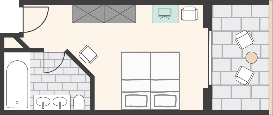 Grundriss des Rellerli Classiczimmers Schlafzimmer, Bad mit Wanne und WC, Balkon