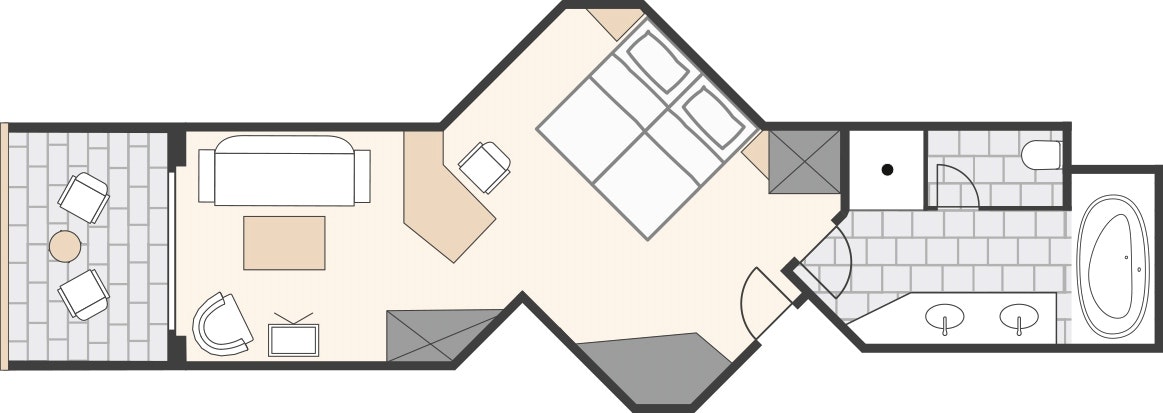 Floor plan Ried superior room Balcony, living room, bedroom, bathroom with bathtub, WC