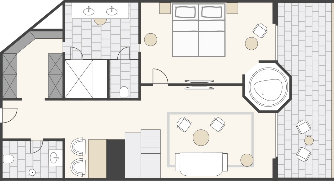 Schlafzimmer, Wohnzimmer, Arbeitstisch, Badezimmer, WC, Jacuzzi und grosser Balkon