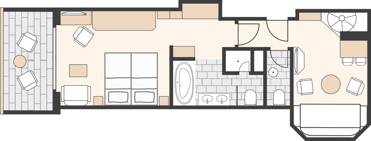 Schlafzimmer, Wohnzimmer, Bad mit zwei getrennten WCs, Balkon