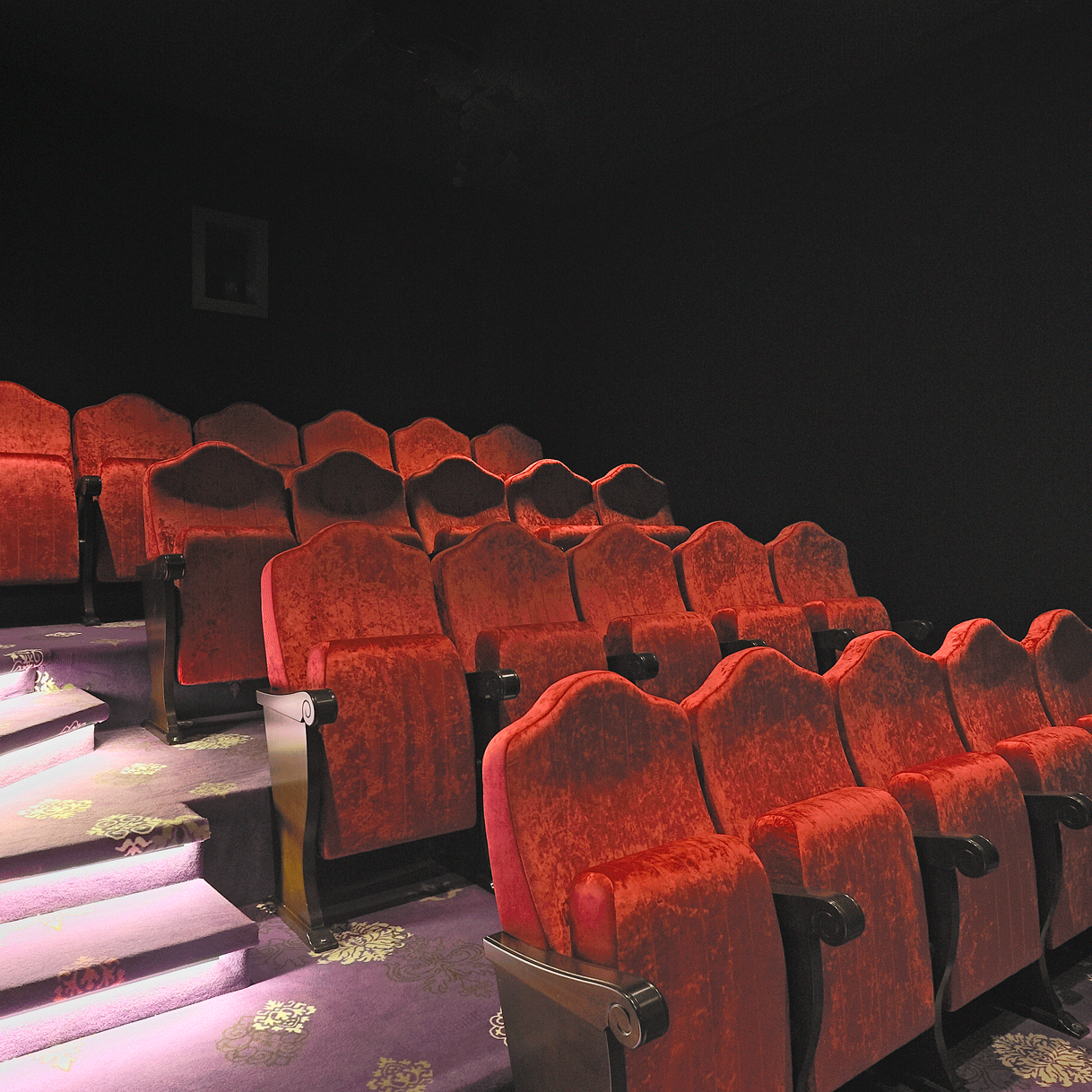 Cinema at the Hotel Ermitage Red folding cinema seats and velvet floor