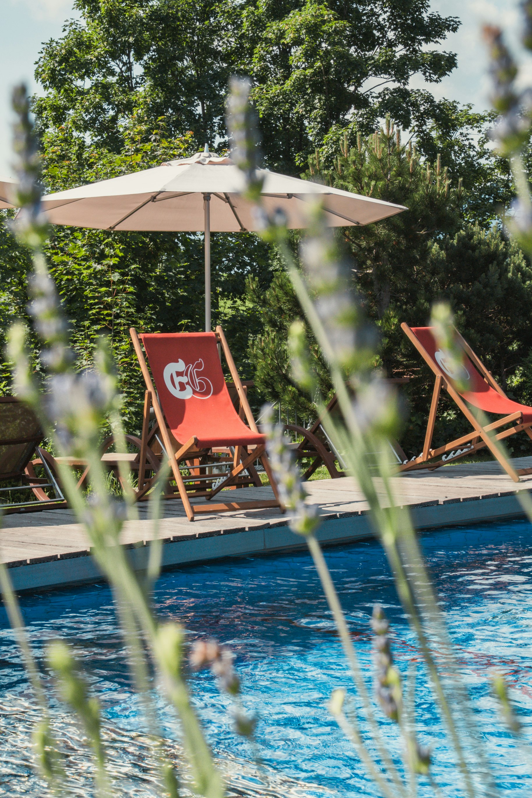 Sports pool and red deckchairs with umbrellas