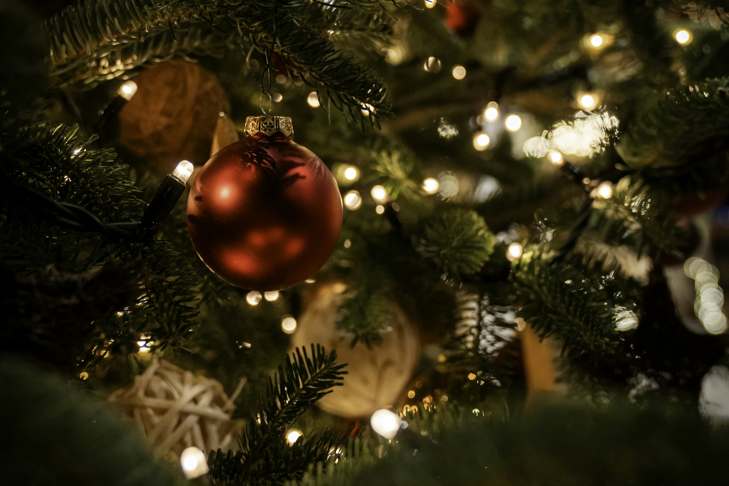 Red beads on the Christmas tree and decorations