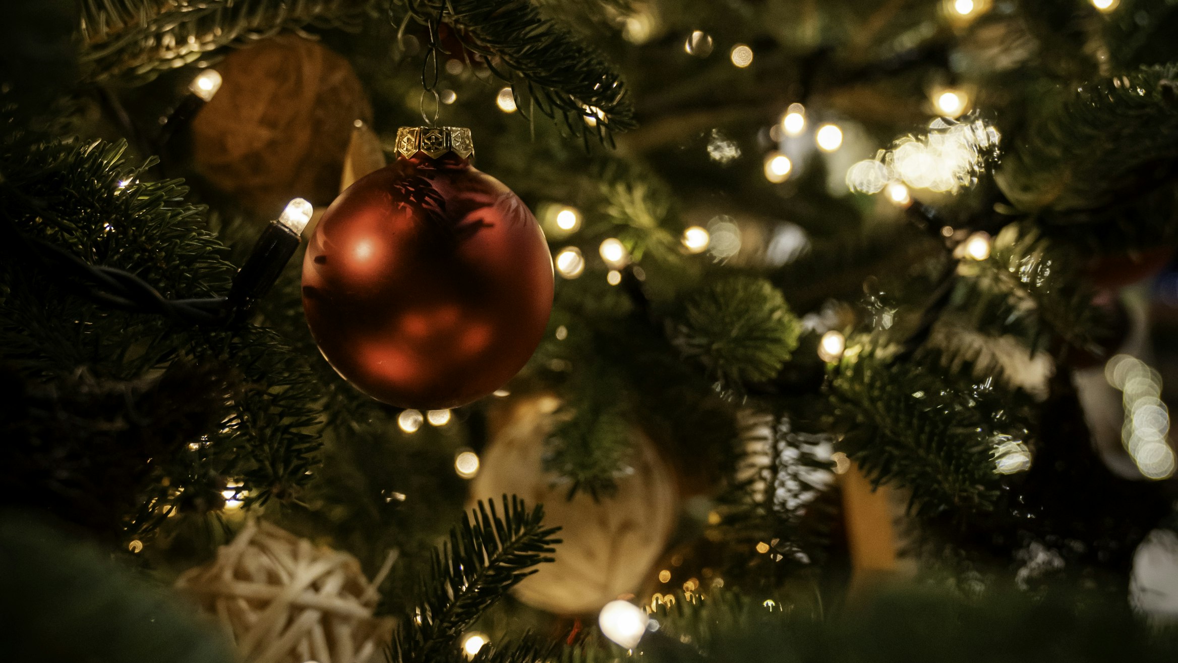 Christmas baubles tree Red beads on the Christmas tree and decorations