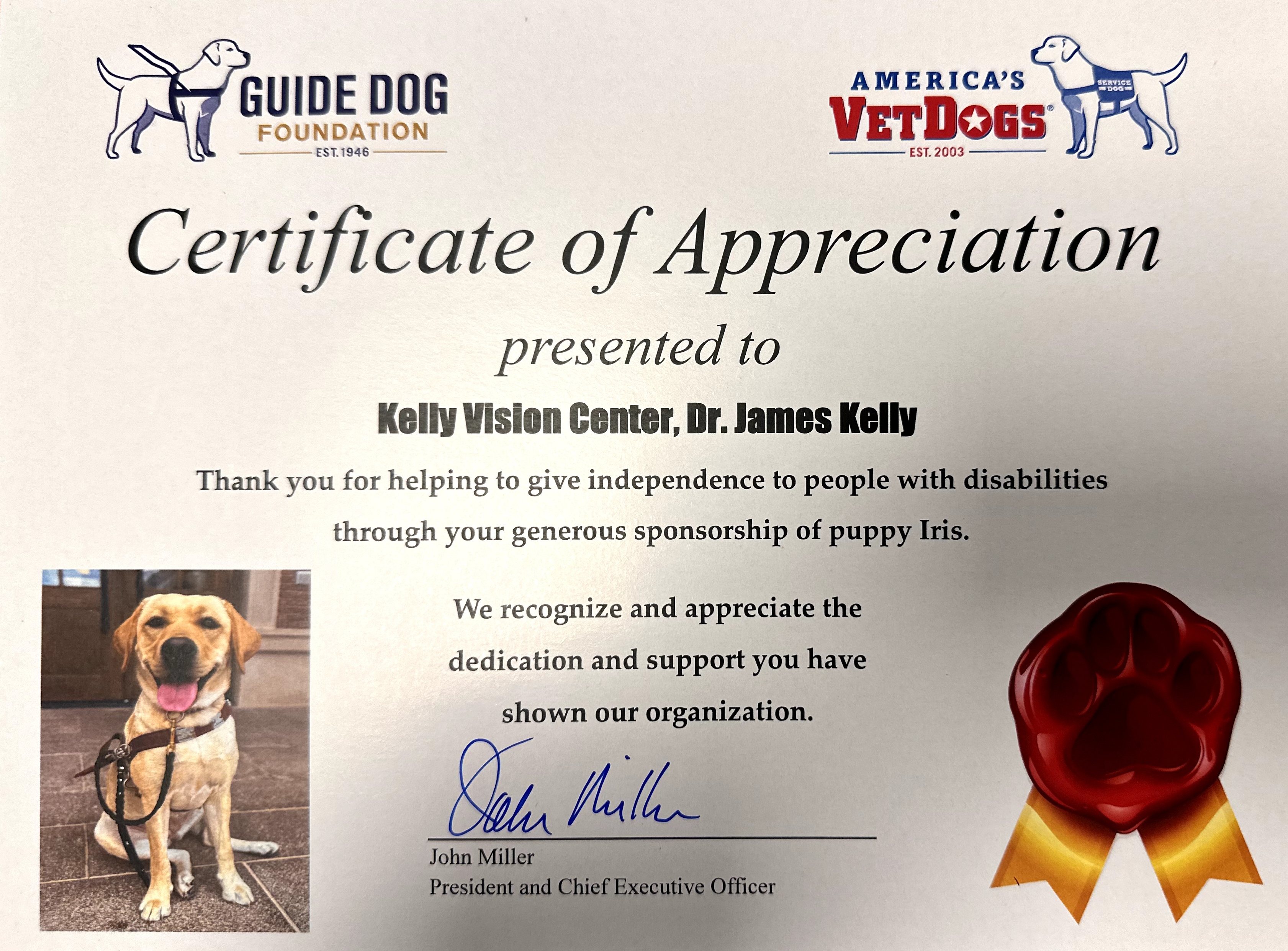 Certificate of Appreciation for helping people with disabilities