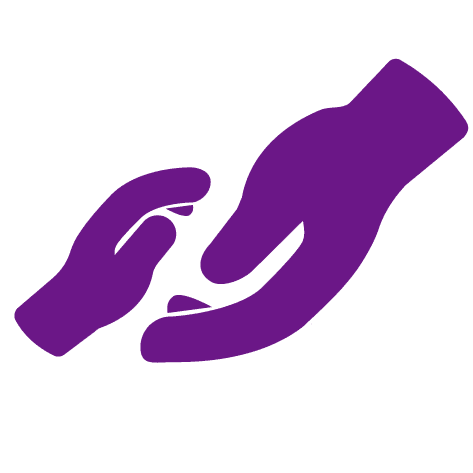Purple silhouette of a large hand reaching out to gently support a smaller hand, symbolizing care, support, and connection.