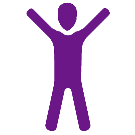 A purple stick figure with raised arms in a celebratory pose on a white background, representing excitement and achievement.