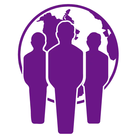 地球を背景にした3人の人物のシンボル 地球のシルエットを背景に、3人の人物を象徴する紫色のアイコン