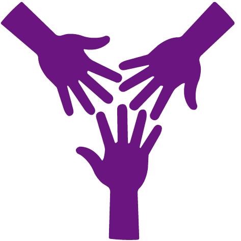 Three purple hands are reaching towards each other in a triangular arrangement against a light background, symbolizing unity and collaboration.