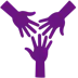 Icon Team Three purple hands are reaching towards each other in a triangular arrangement against a light background, symbolizing unity and collaboration.