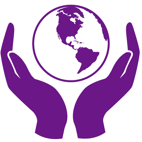 Two purple hands encircle a globe showing the Americas, symbolizing global care and environmental conservation.