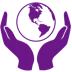 Icon Close to the future Two purple hands encircle a globe showing the Americas, symbolizing global care and environmental conservation.