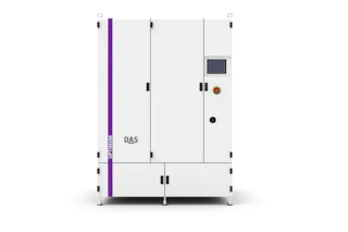 UPTIMUM closed A white industrial unit with a purple vertical line bearing the inscription UPTIMUM on the left-hand side, with a digital display, control buttons and the ‘DAS’ logo on the front.