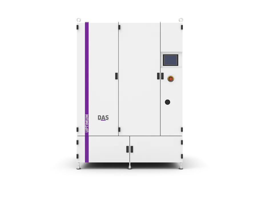 UPTIMUM closed A white industrial unit with a purple vertical line bearing the inscription UPTIMUM on the left-hand side, with a digital display, control buttons and the ‘DAS’ logo on the front.