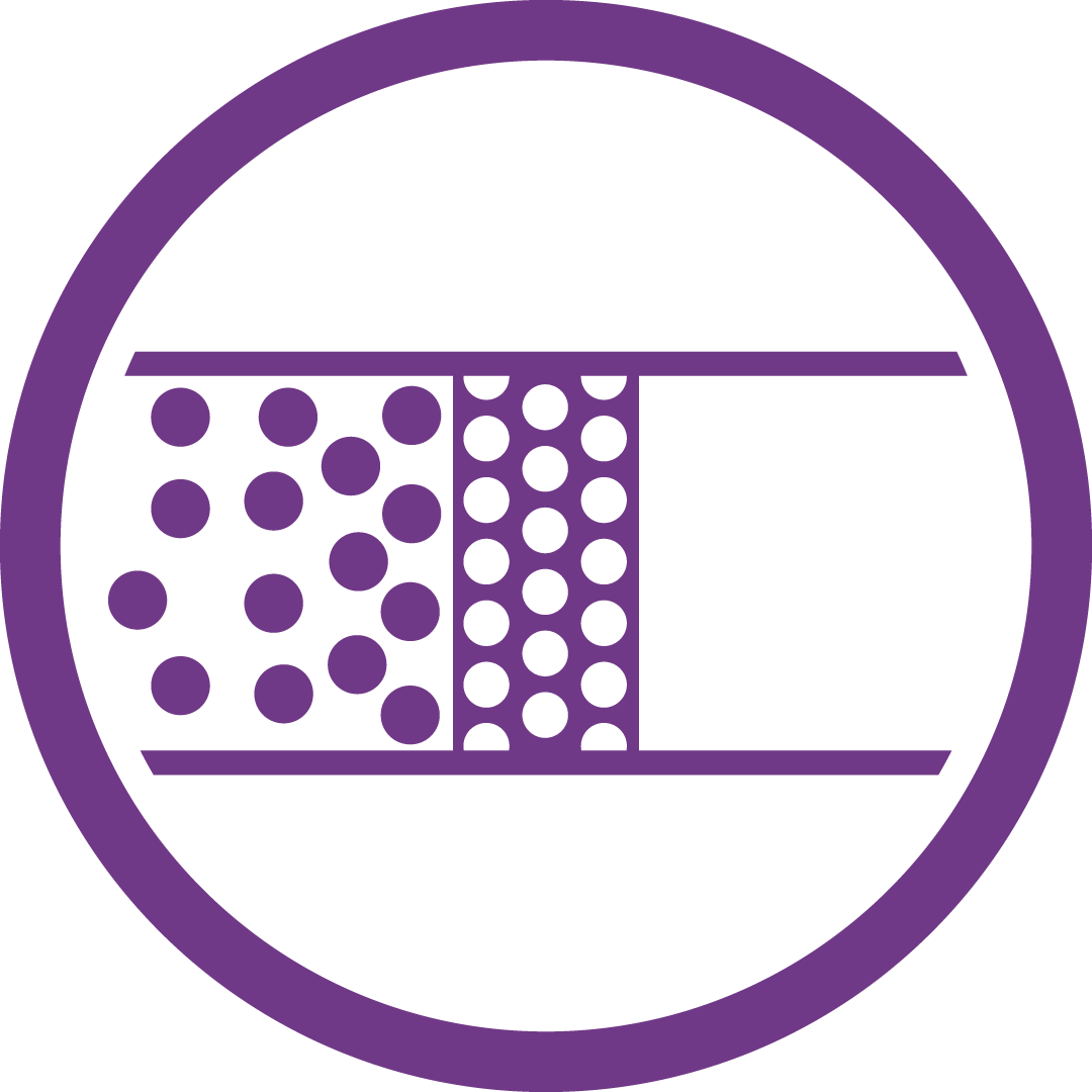 The image shows a purple circle containing a design with dots in varying sizes, arranged in a gradient pattern from large to small, depicting a filtration or diffusion concept.
