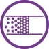 Filtering separators The image shows a purple circle containing a design with dots in varying sizes, arranged in a gradient pattern from large to small, depicting a filtration or diffusion concept.