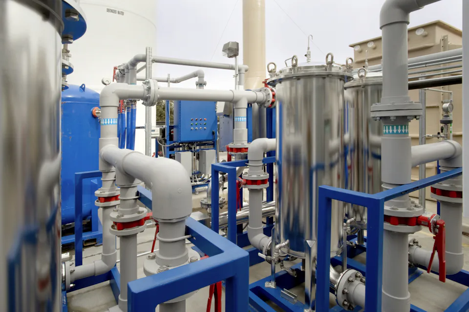 Industrial piping systems with shiny metal pipes and blue fittings assembled in a factory environment.