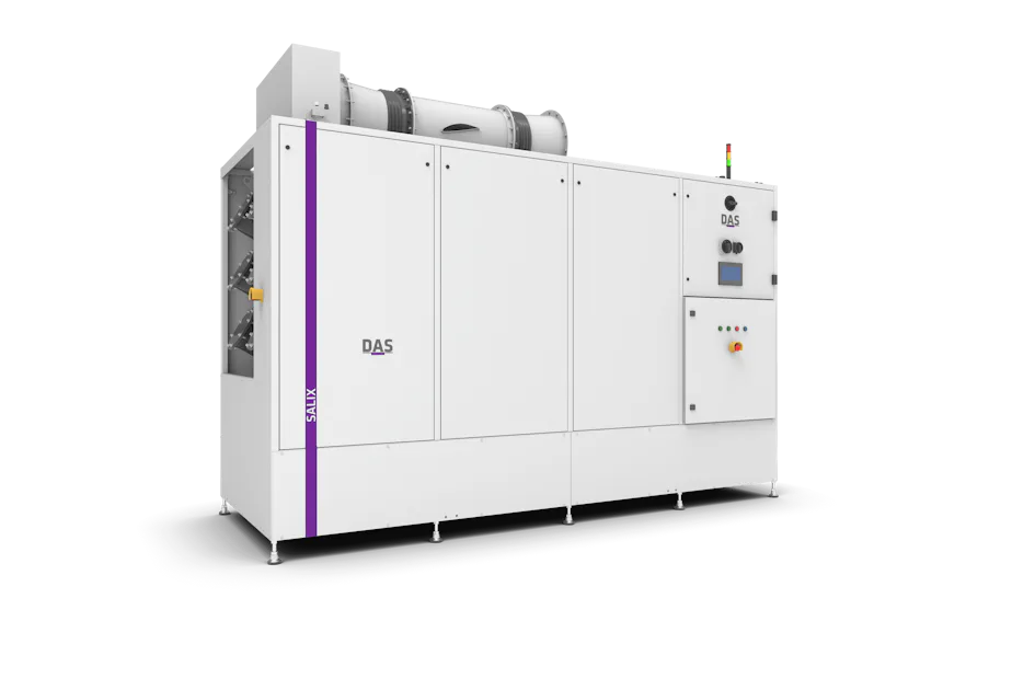 SALIX A largeunit white industrial unit is depicted with several ventilation inlets and a control panel on the front, as well as lettering on a purple background reading ‘SALIX’.