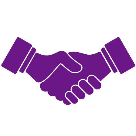 Purple silhouette of two hands engaging in a handshake, symbolizing agreement and partnership.